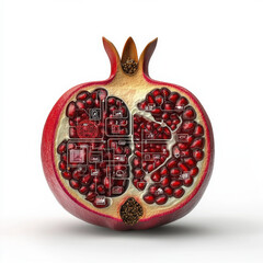 pomegranate with digital icons embedded in its seeds, symbolizing technology integration