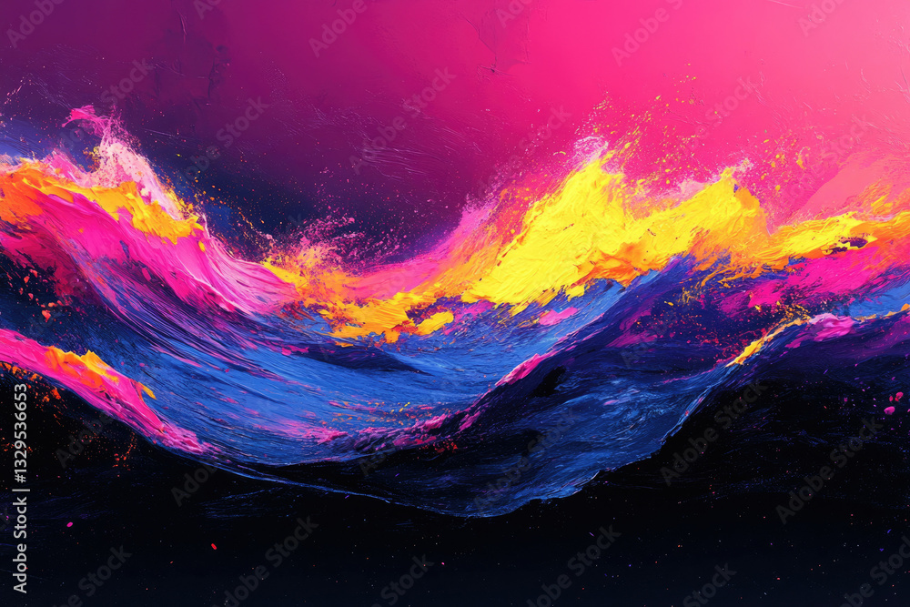 Poster vibrant abstract painting of colorful waves crashing, showcasing dynamic textures and bold hues.