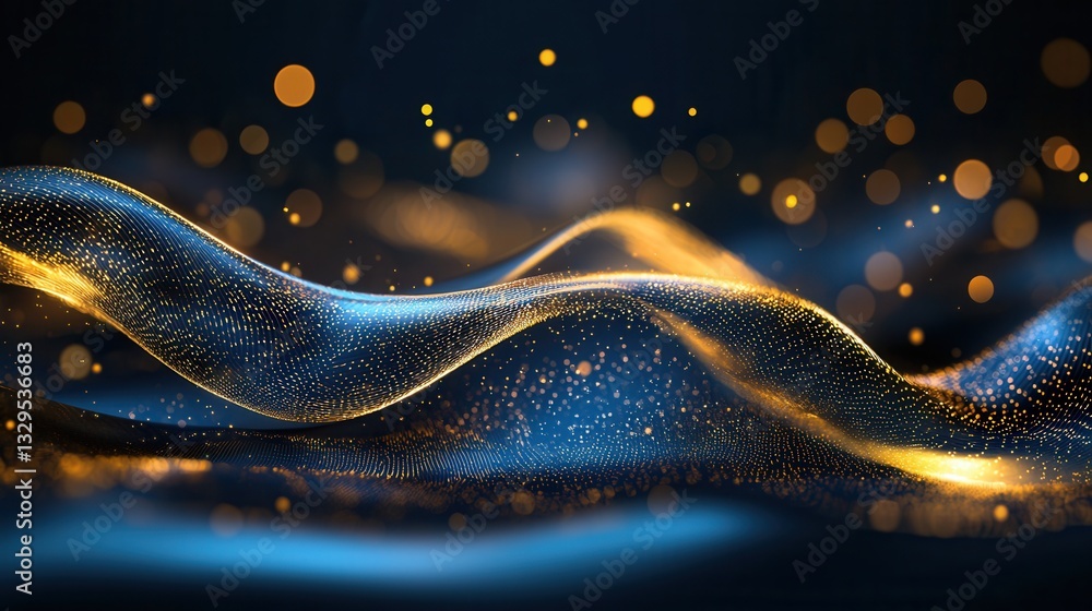 Poster mesmerizing abstract composition featuring flowing glowing golden waves and shimmering digital effec