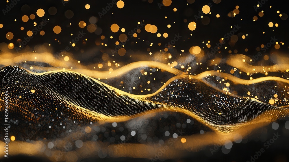 Poster captivating abstract landscape of undulating golden neon waves creating a dynamic and ethereal atmos