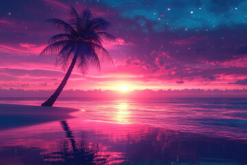 Obraz premium Serene sunset over a tropical beach, a lone palm tree silhouetted against vibrant pink and purple sky.