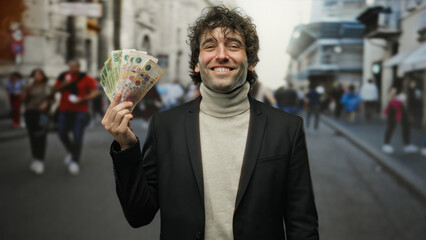 Hispanic man happily holds argentine pesos in hand on a bustling city street, showcasing wealth and...