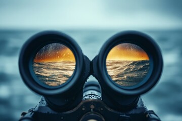 Ocean waves reflected in binocular lenses at sunset