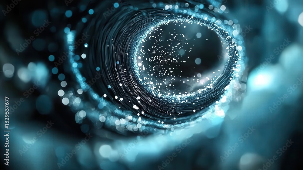 Poster an abstract ethereal image of a mesmerizing blue hyperspace tunnel filled with swirling luminous par