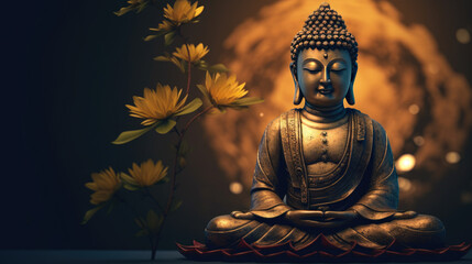 Fototapeta premium Big buddha statue with lotus flowers. Buddha silhouette, background beliefs of Buddhism. 