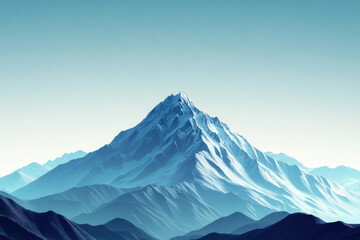 Majestic snow-capped mountain peak dominates a serene, blue-hued landscape.