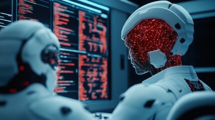 A futuristic AI-powered coding lab with engineers developing generative AI models, reinforcement learning systems, and quantum AI computing. 