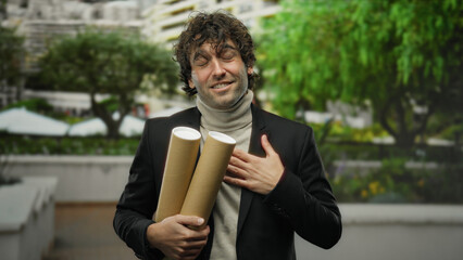 Obraz premium Man outdoors wearing blazer holding paper tubes with urban buildings and green trees in the background on a city street.