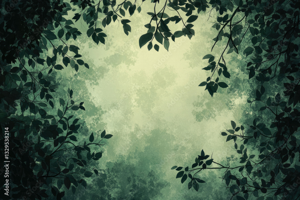 Aufkleber dark green leaves frame a hazy, light green sky, creating a serene and mysterious forest scene.
