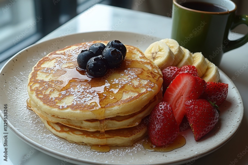 Poster pancake stack topped with syrup and berries with sliced bananas and strawberries