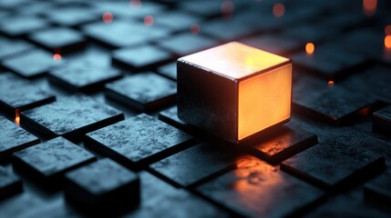 Illuminated centerpiece stands out amidst a grid of textured blocks modern tech aesthetic