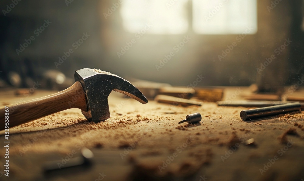 Poster hammer and chisel on bench