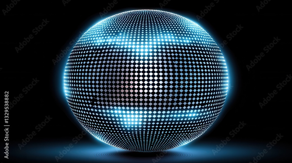 Poster futuristic abstract of a luminous three dimensional sphere composed of a intricate grid of glowing d