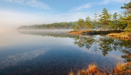 Fototapeta premium Serene misty island landscape with reflections on calm lake water 