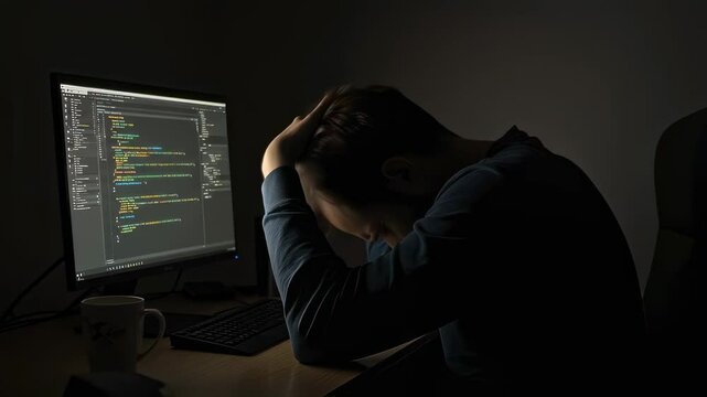 Frustrated programmer, computer screen and dark room with man holding head for coding, error and software problem. Developer, stress and burnout with laptop and code for IT work and technology