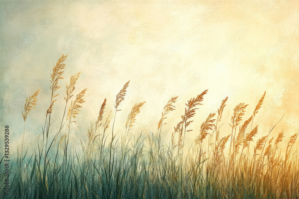 Aufkleber golden tall grasses sway gently in a soft, sunlit field, creating a serene and peaceful atmosphere.