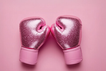 Glittery pink boxing gloves on a pastel background, representing strength, resilience, and empowerment in breast cancer awareness campaigns, charity events, and women's health advocacy