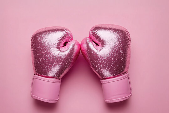 Glittery pink boxing gloves on a pastel background, representing strength, resilience, and empowerment in breast cancer awareness campaigns, charity events, and women's health advocacy