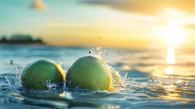 Fresh coconuts splash in water during golden sunset over the ocean horizon