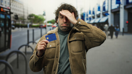 Young man holding credit card looking worried outdoors on city street, wearing warm jacket and...