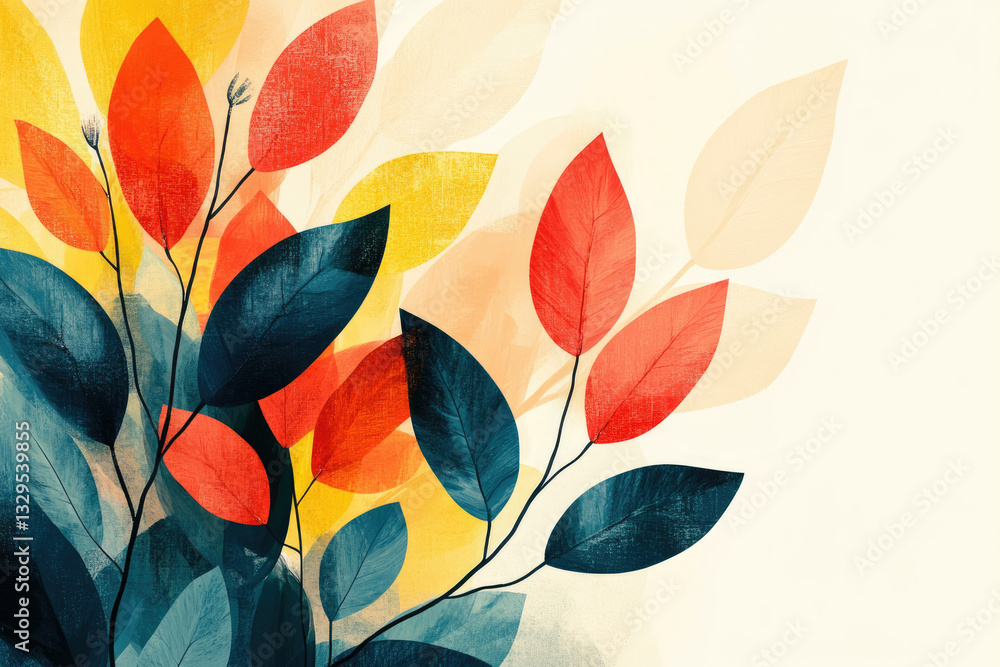 Poster abstract art depicting stylized leaves in vibrant autumnal colors, creating a serene and colorful co