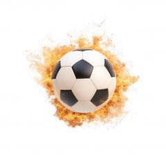 Fototapeta premium Soccer ball with flames, dynamic sports action, white isolated background.
