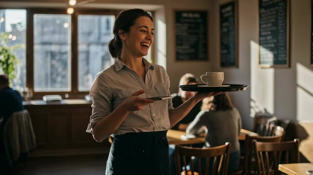 Waitress, tray and coffee cup with smiling woman serving drinks in busy cafe for hospitality, service and customer care. Restaurant, barista and people enjoying food and drinks in cozy environment