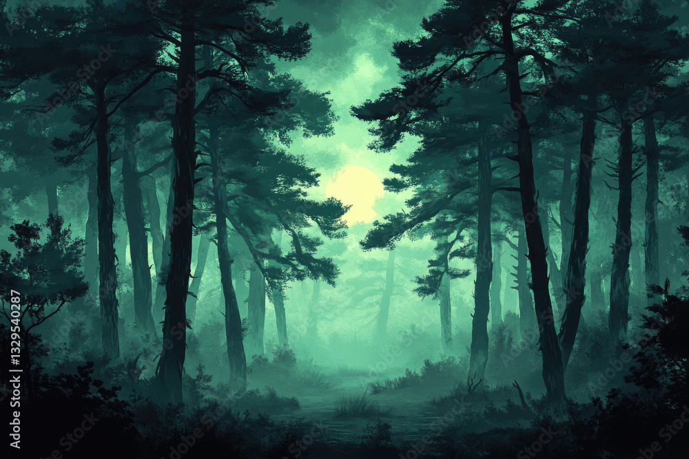 Poster a mystical forest path at twilight, shrouded in an ethereal green mist, with a sunlit clearing in th