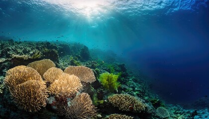 Fototapeta premium Vibrant coral reef ecosystem thrives under sunlight in ocean