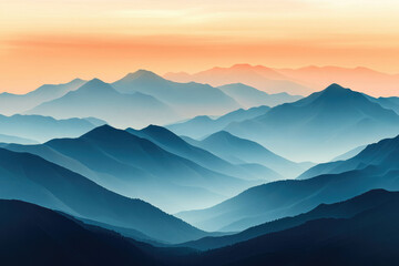 Fototapeta premium Serene sunset over a vast, layered mountain range, painted in shades of blue and orange.