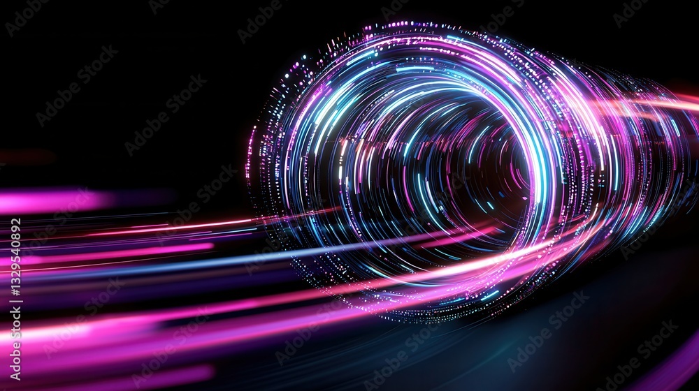 Poster a visually captivating abstract scene depicting a futuristic neon illuminated cyber tunnel that appe