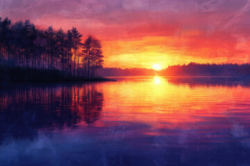 Obraz premium Vibrant sunset over a tranquil lake, silhouetted trees reflecting in the fiery water.