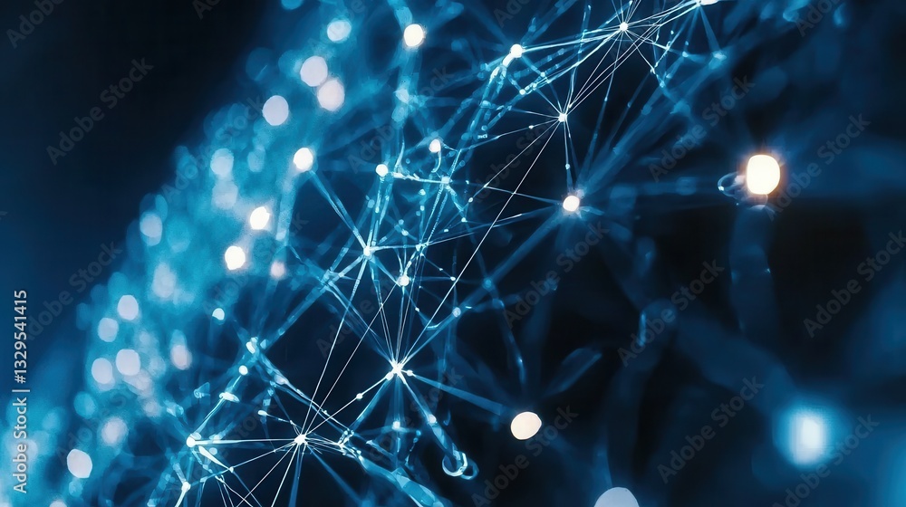Poster intricate web of interconnected digital nodes and lines forming an abstract futuristic network grid 