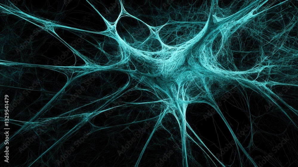 Poster an intricate abstract digital network grid featuring a complex pattern of interconnected teal and bl