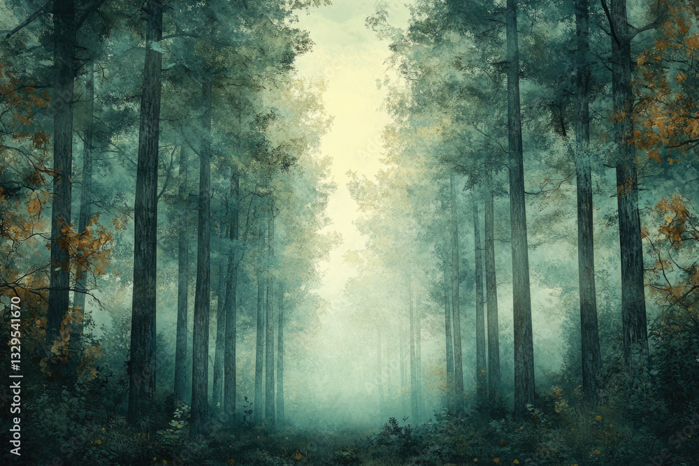 Poster a misty forest path winds between tall trees, bathed in soft, ethereal light.