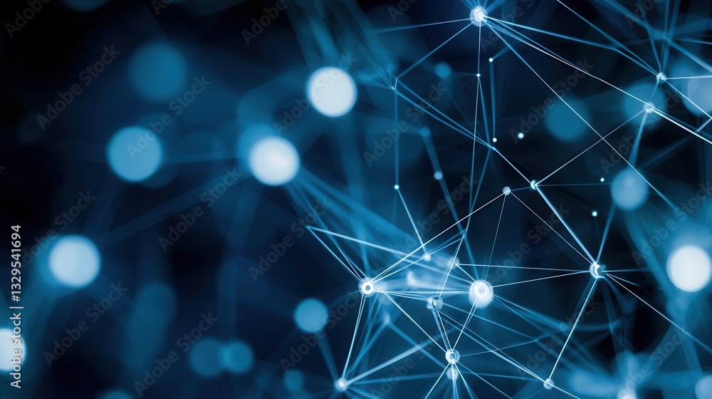 Poster futuristic abstract dark blue background with a network of glowing interconnected nodes and lines re
