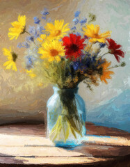 A Vibrant Bouquet of Colorful Flowers in a Glass Vase. Digital painting