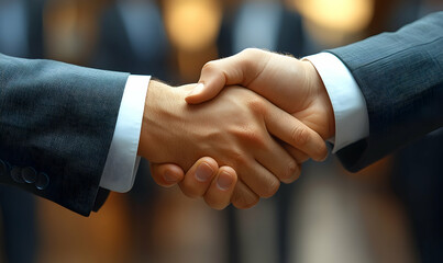 Close-up of a firm handshake between two businesspeople in suits, symbolizing agreement and partnership.  Blurred background suggests a larger group