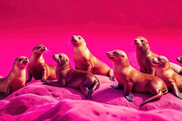 Fototapeta premium Adorable Island Sea Lions: Tilt-Shift Miniature Photography of Pacific Sea Lions