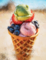 Delicious Ice Cream Cone with Multiple Flavors and Topping. Digital painting