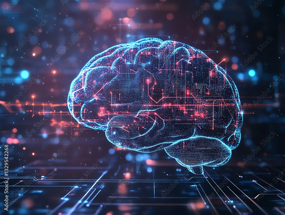 Fototapete Artificial intelligence and machine learning concept with digital graphic human brain layout and lines inside on abstract dark technological background 3D rendering