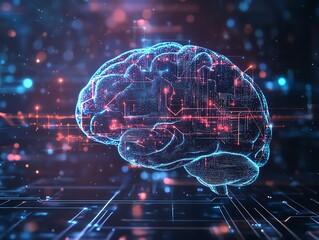 Artificial intelligence and machine learning concept with digital graphic human brain layout and lines inside on abstract dark technological background 3D rendering