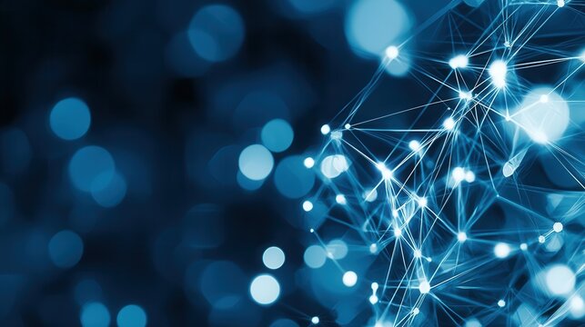 Futuristic abstract background featuring a dynamic digital network with glowing nodes lines and interconnected patterns against a dark blue gradient