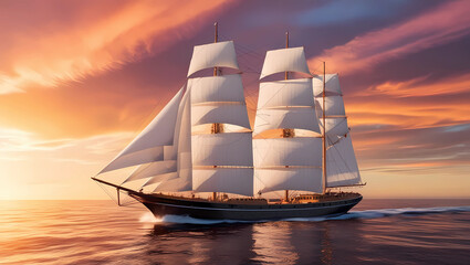 A majestic sailing ship with fully unfurled white sails glides through the open ocean during a breathtaking sunset