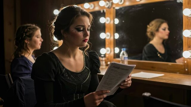Actress, dressing room and woman reading script with stage makeup near mirror lights for theater, performance and preparation, thoughtful and focused before show