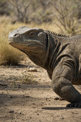 Obraz premium A large monitor lizard resting in its natural habitat, its scaly body and sharp claws visible. A powerful reptile known for its strength and agility