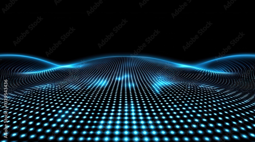 Poster vibrant abstract landscape of a futuristic digital grid network with flowing waves of light and puls