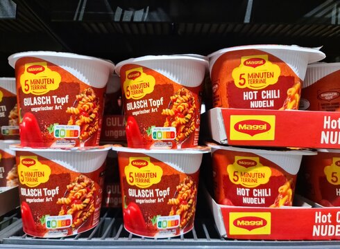 Maggi instant noodles and gulasch on supermarket shelf, ready to be purchased