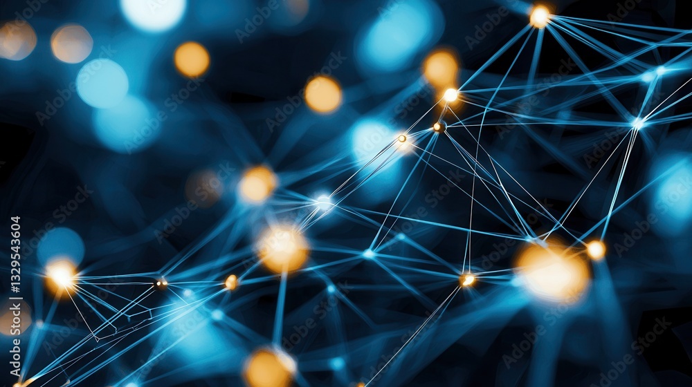 Poster a striking abstract image featuring a dark blue network grid with luminous interconnected nodes and 