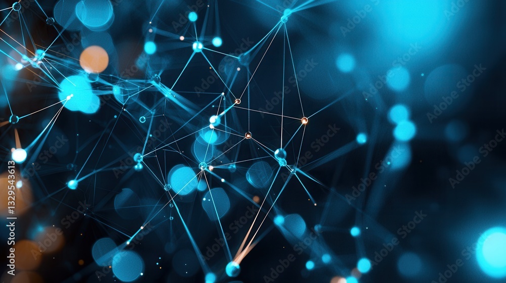 Poster intricate abstract visualization of a futuristic digital network grid with luminous interconnected n
